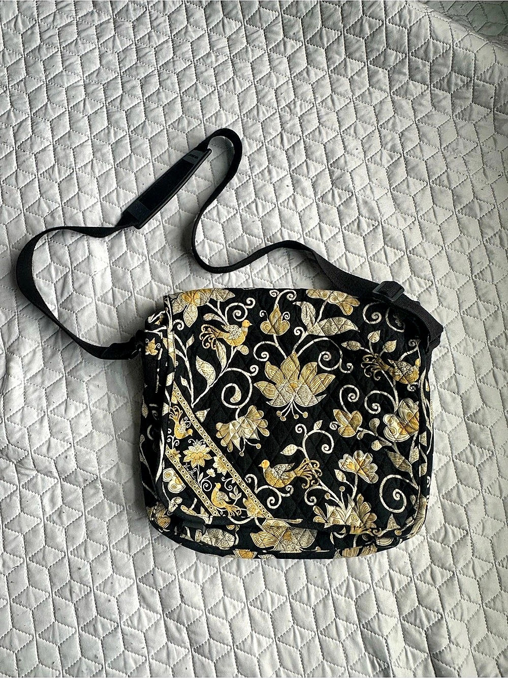 Vera Bradley Messenger Bag in Yellow Bird Yellow Bird Floral Crossbody in Black